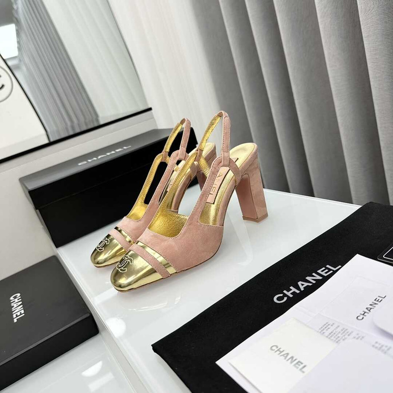 Ch*el velvet and leather high heel slingbacks golden and pink