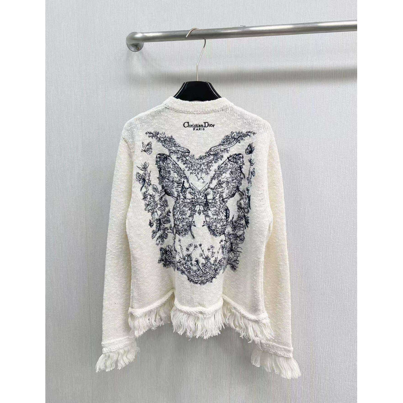 D*or embroidered jacket white wool, cotton and alpaca technical knit with pastel midnight blue butterfly around the world motif
