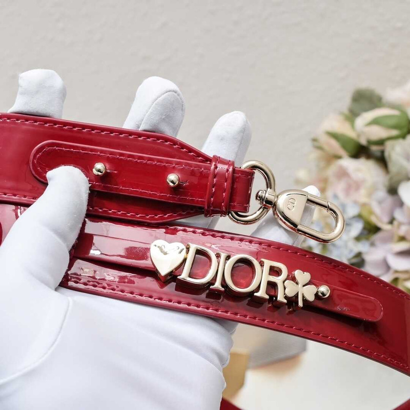 ch**an D*or small lady D*or bag cherry red patent cannage calfskin