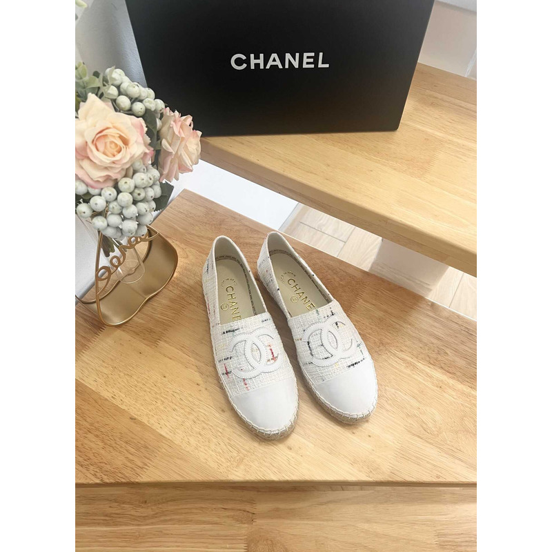 Ch*el espadrilles glittered cotton tweed & lambskin white & multicolor