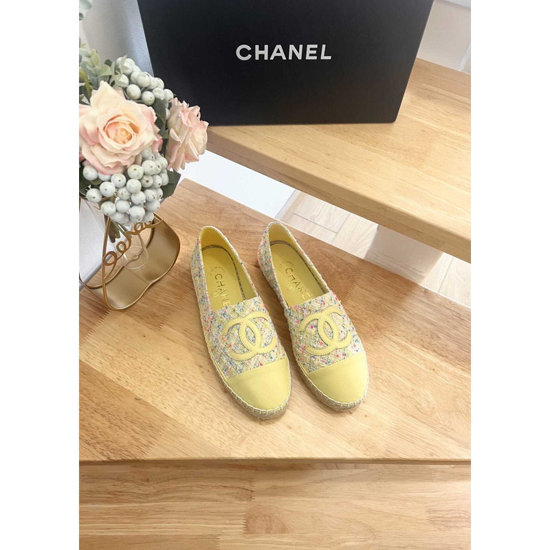 Ch*el espadrilles glittered cotton tweed & lambskin yellow & multicolor