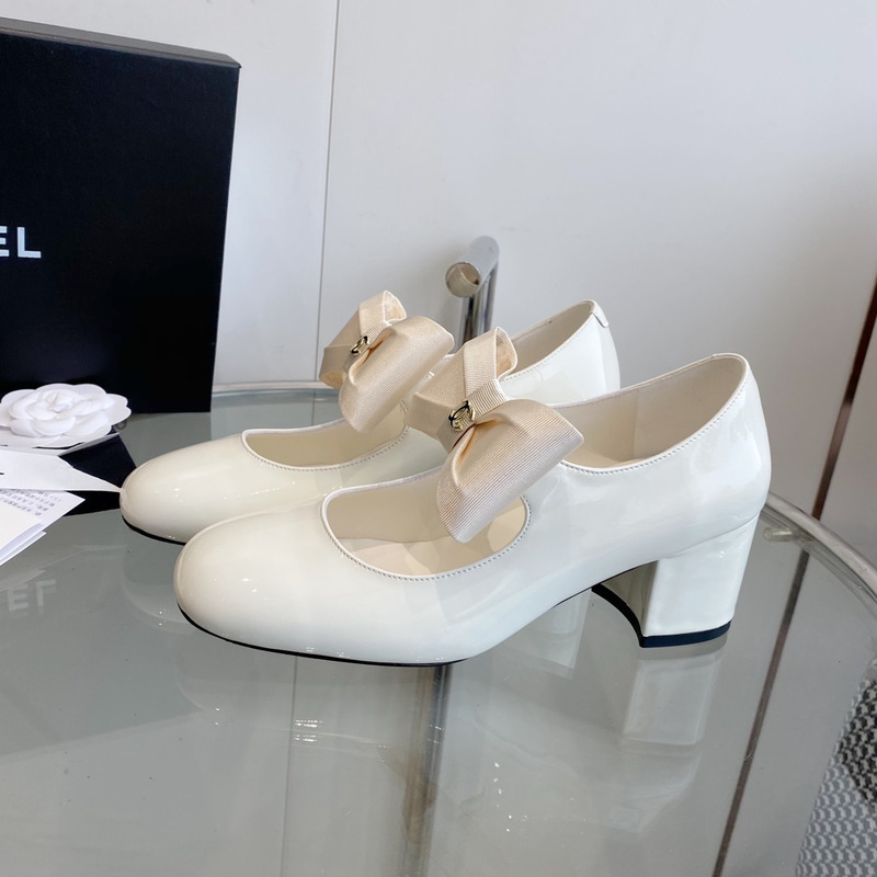 Ch*el mary janes patent calfskin & grosgrain white