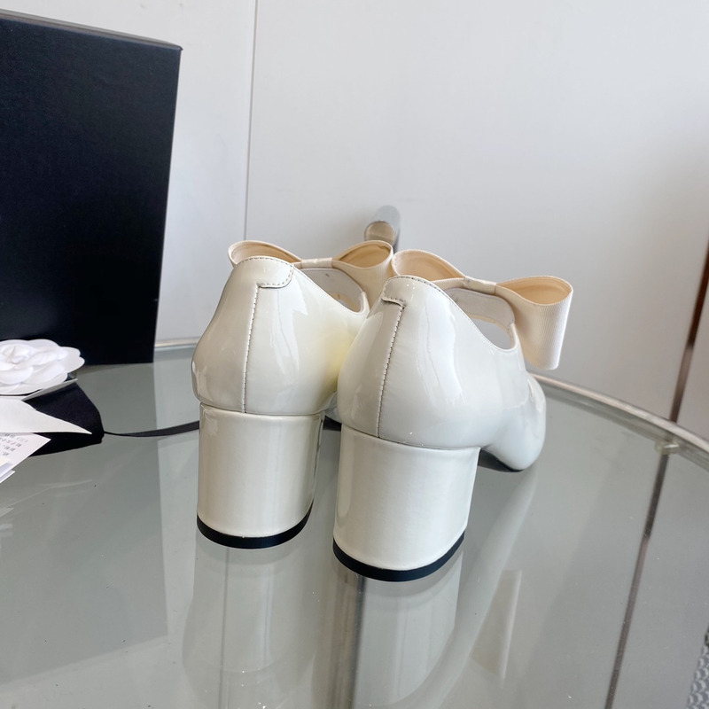 Ch*el mary janes patent calfskin & grosgrain white