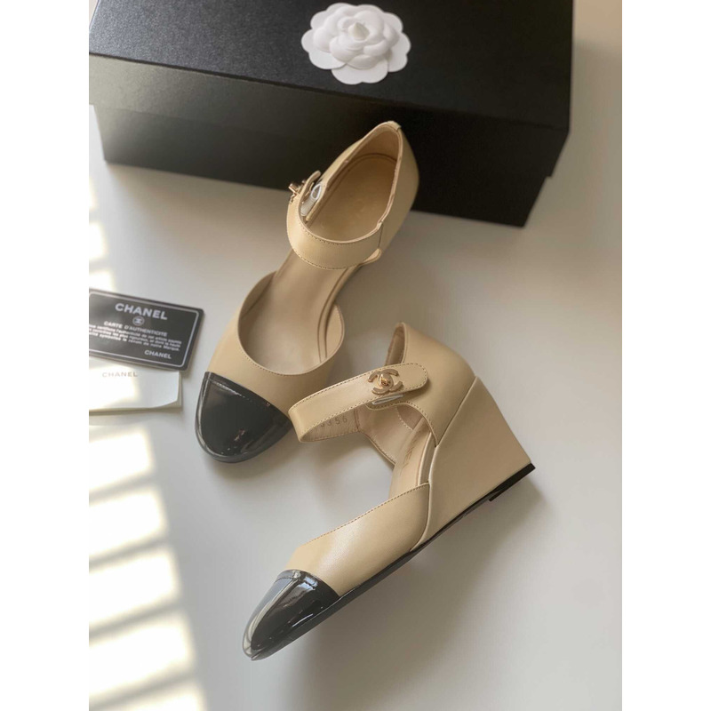 Ch*el lambskin patent cap toe mary jane wedge pumps brown black