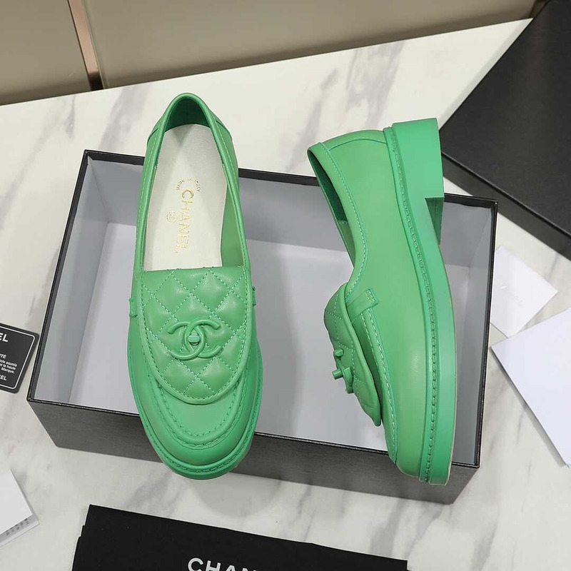 Ch*el lambskin moccasins loafers green