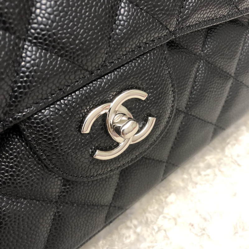 Ch*el classic double flap quilted caviar silver-tone large black