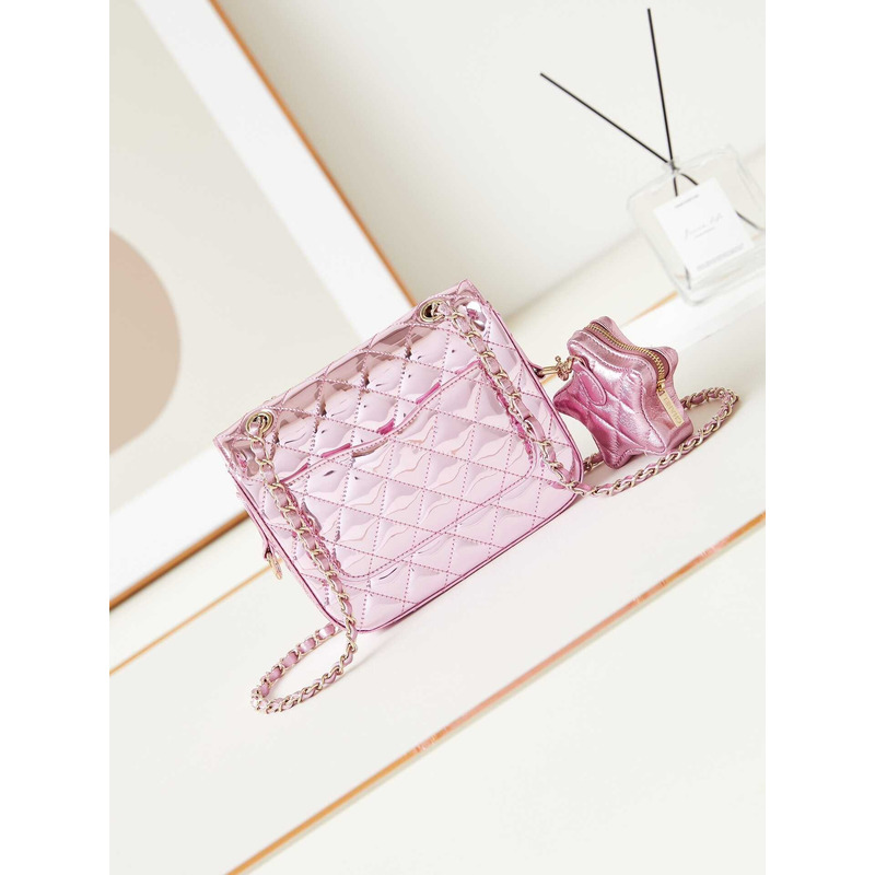 Ch*el mini flap bag & star coin purse metallic mirror calfskin, metallic lambskin & gold-tone metal light pink