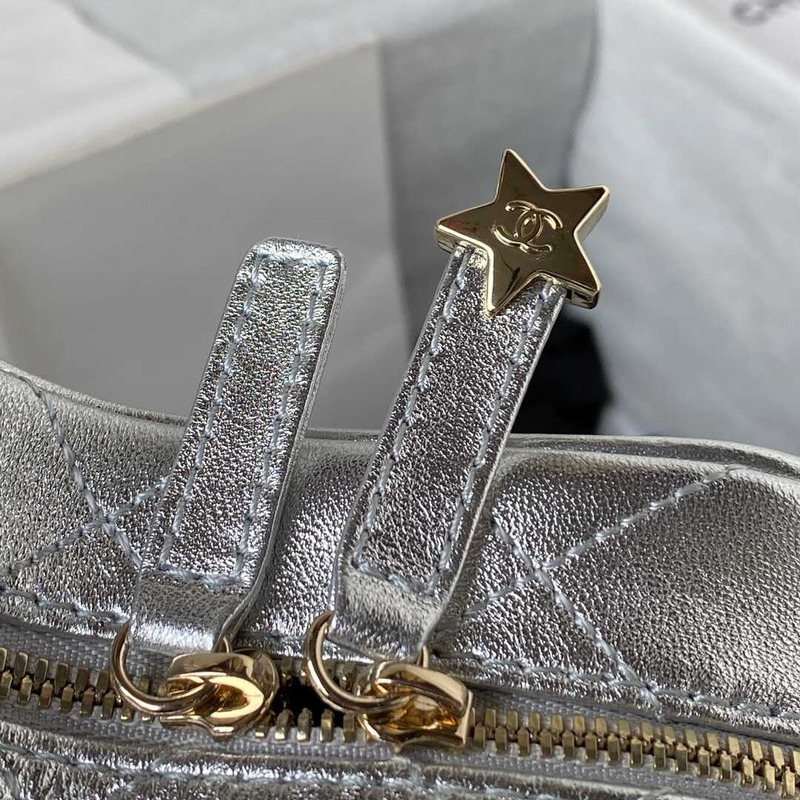 Ch*el star handbag metallic lambskin & gold-tone metal silver