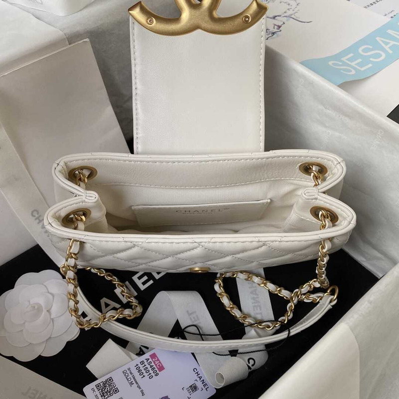 Ch*el small messenger bag lambskin & gold-tone metal white