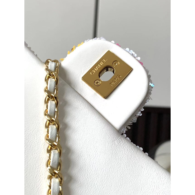 Ch*el small flap bag sequins & gold-tone metal white, yellow, pink & blue