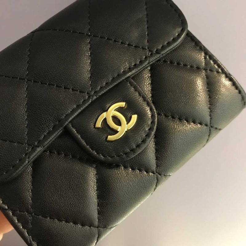Ch*el lambskin small flap wallet black