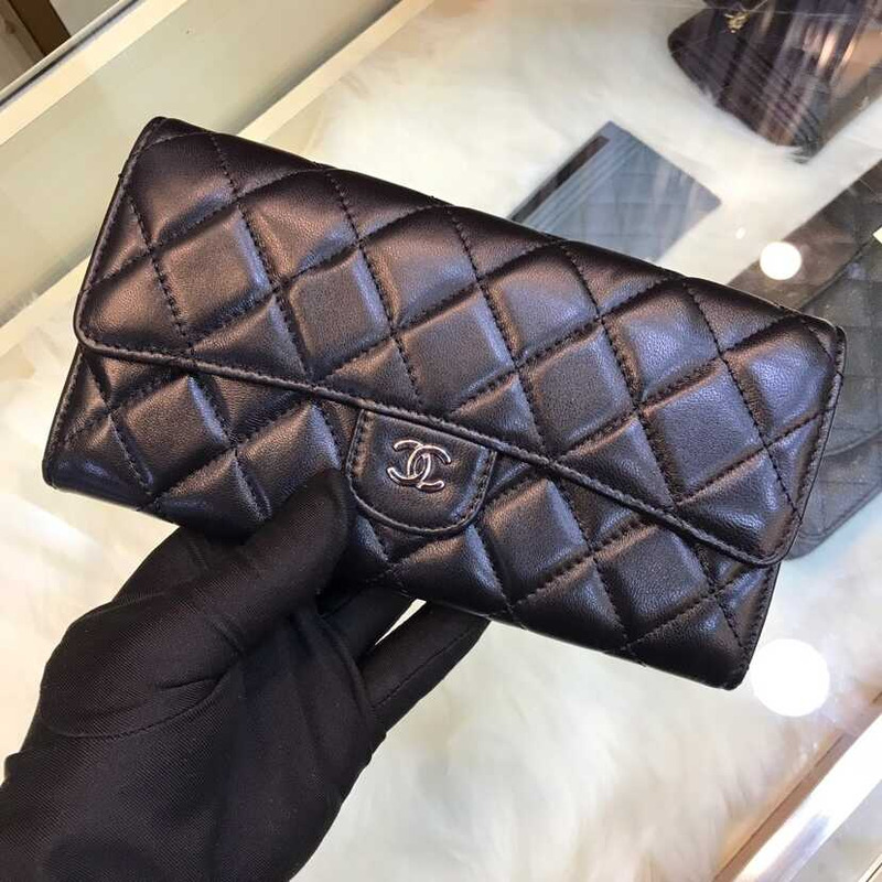 Ch*el lambskin flap wallet black