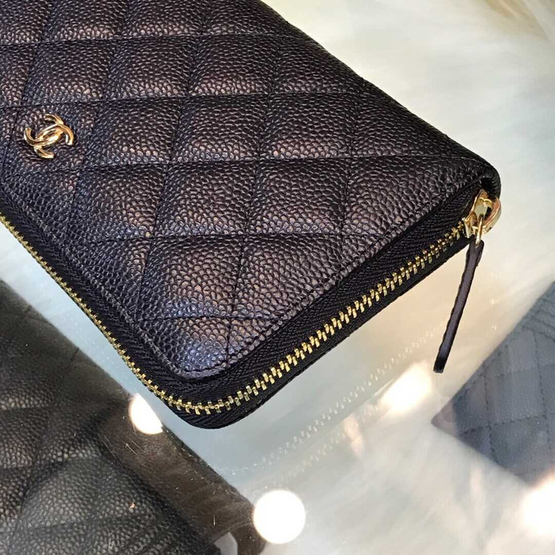 Ch*el gusset zip around wallet quilted caviar golden-tone large black