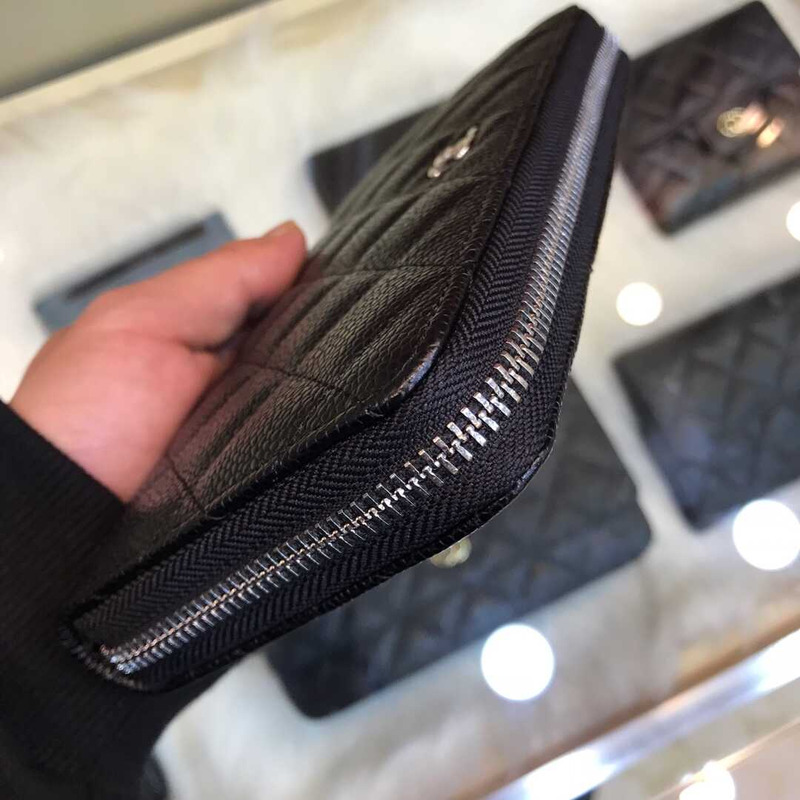 Ch*el gusset zip around wallet quilted caviar silver-tone large black