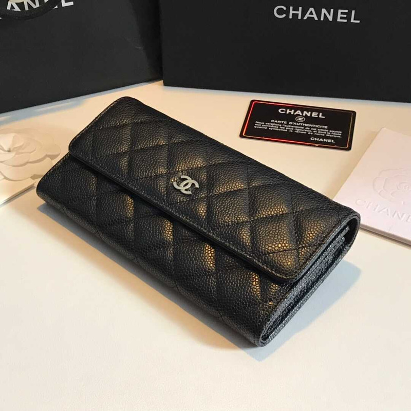 Ch*el caviar quilted large gusset flap wallet black