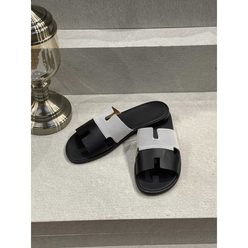 H**mes izmir sandal black grey slides  leather