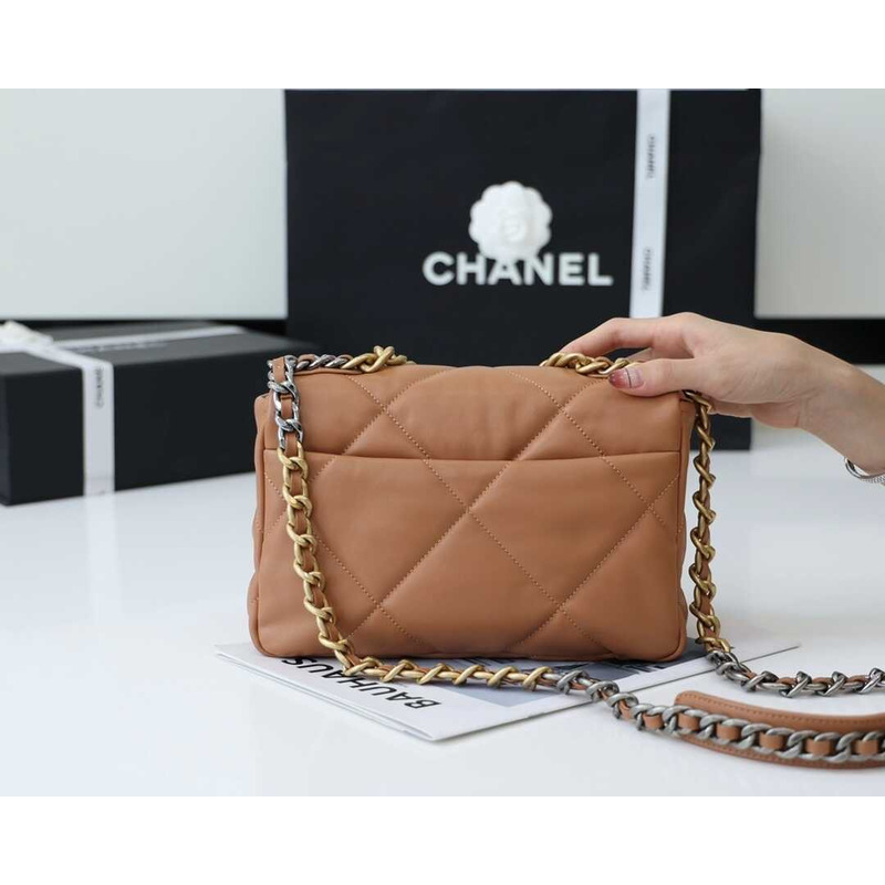 Ch*el 19 small flap lambskin silver  aged gold brown