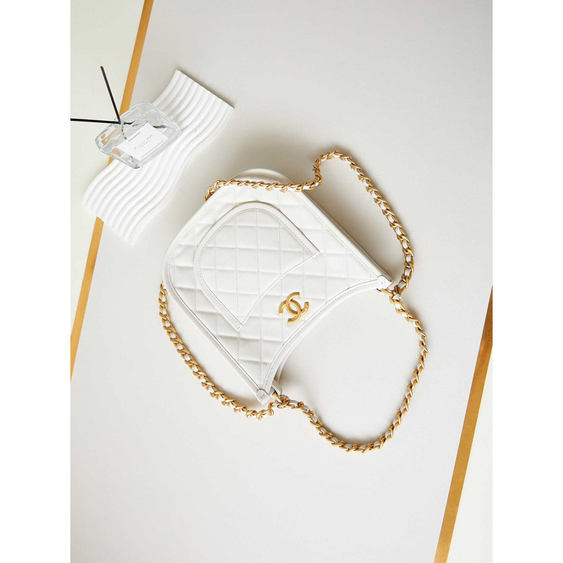 Ch*el hobo handbag washed denim & gold-tone metal white