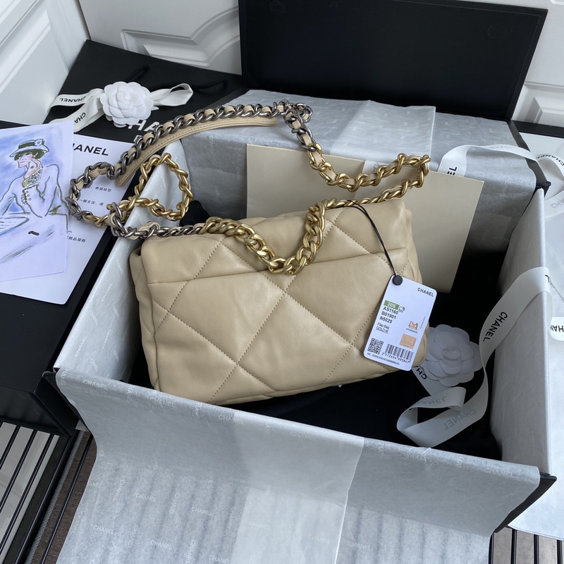 Ch*el lambskin quilted small Ch*el 19 flap dark beige