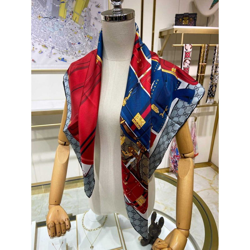 G*u*i flora print silk scarf in red and grey
