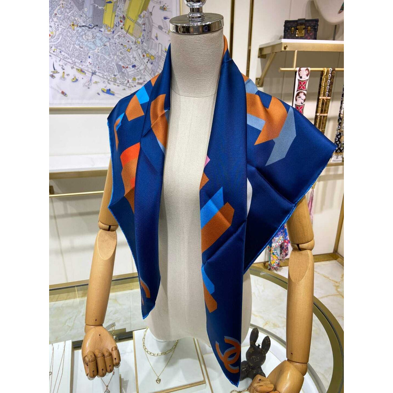 Ch*el square scarf silk twill blue
