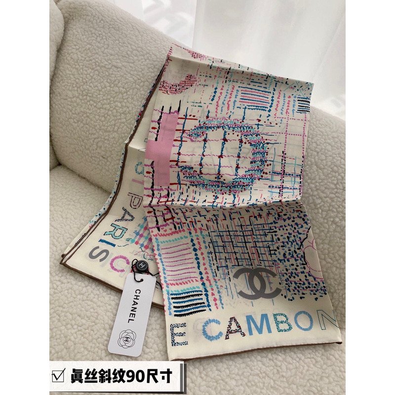 Ch*el silk scarf multicolor white