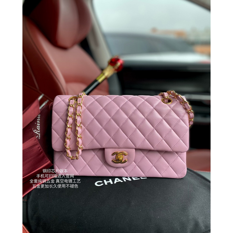 ch*el classic flap bag sheepskin Di*m*nd chain classic flap bag gold buckle cherry blossom pink