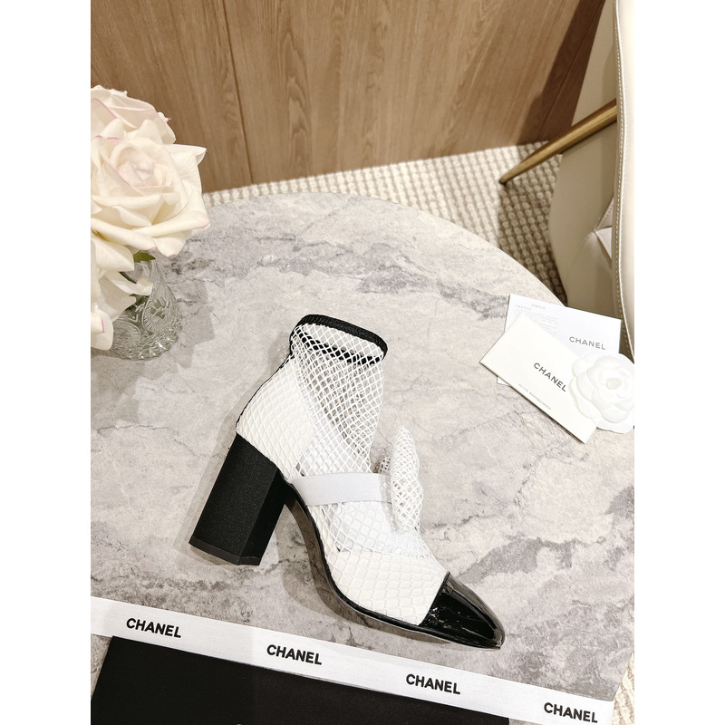 Ch*el white mesh preowned slip on bow ankle boots