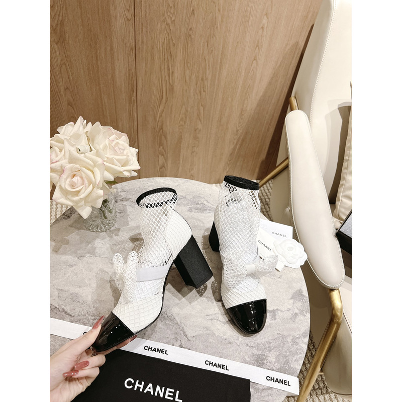 Ch*el white mesh preowned slip on bow ankle boots