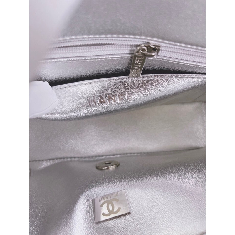Ch*el metallic lambskin quilted mini rectangular flap silver