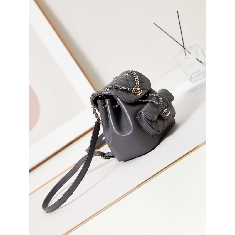 Ch*el small backpa calfskin & gold-tone metal gray