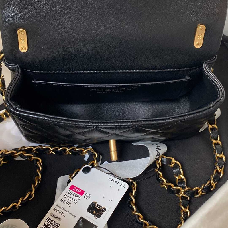 Ch*el mini flap bag shiny lambskin, imitation pearls & gold-tone metal black