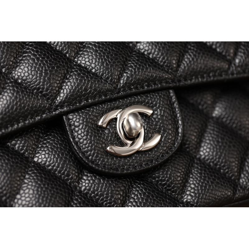 Ch*el small caviar silver classic flap bag black