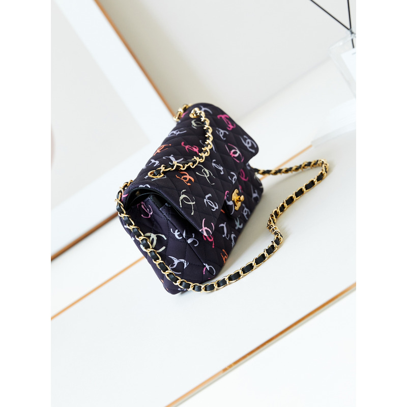 Ch*el classic 11.12 bag style printed fabric & gold-tone metal black and multicolor