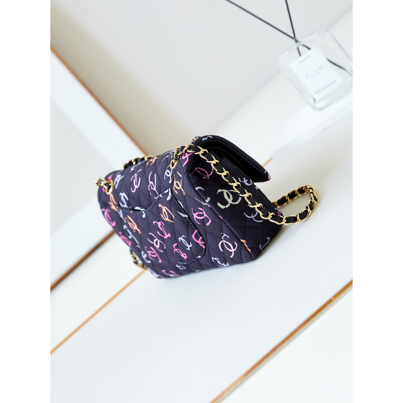 Ch*el classic 11.12 bag style printed fabric & gold-tone metal black and multicolor