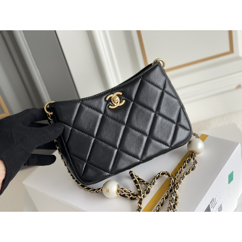 Ch*el small hobo bag grained shiny calfskin & gold-tone metal black