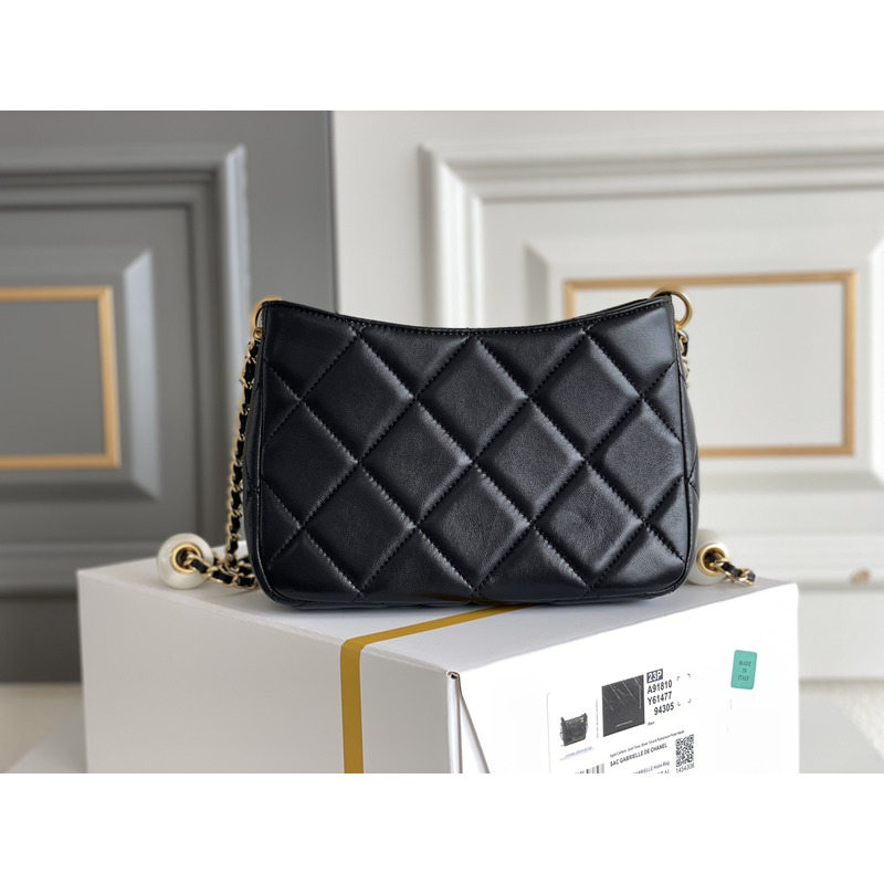 Ch*el small hobo bag grained shiny calfskin & gold-tone metal black