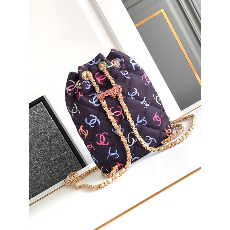Ch*el backpack printed fabric & gold metal black & multicolour
