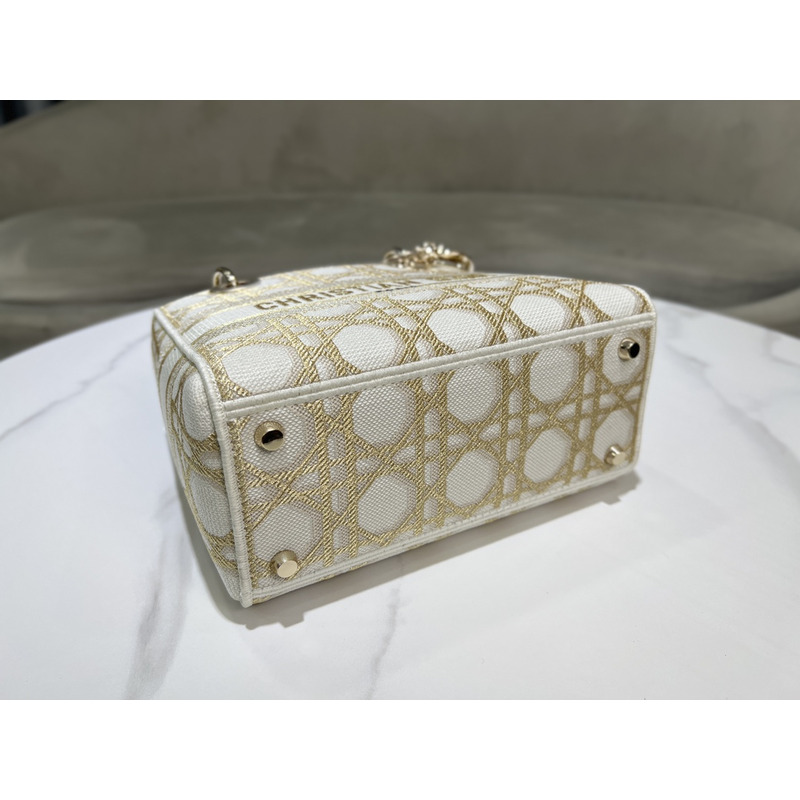 D*or medium lady d-lite bag  white and gold-tone macrocannage embroidery