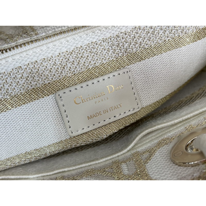 D*or medium lady d-lite bag  white and gold-tone macrocannage embroidery