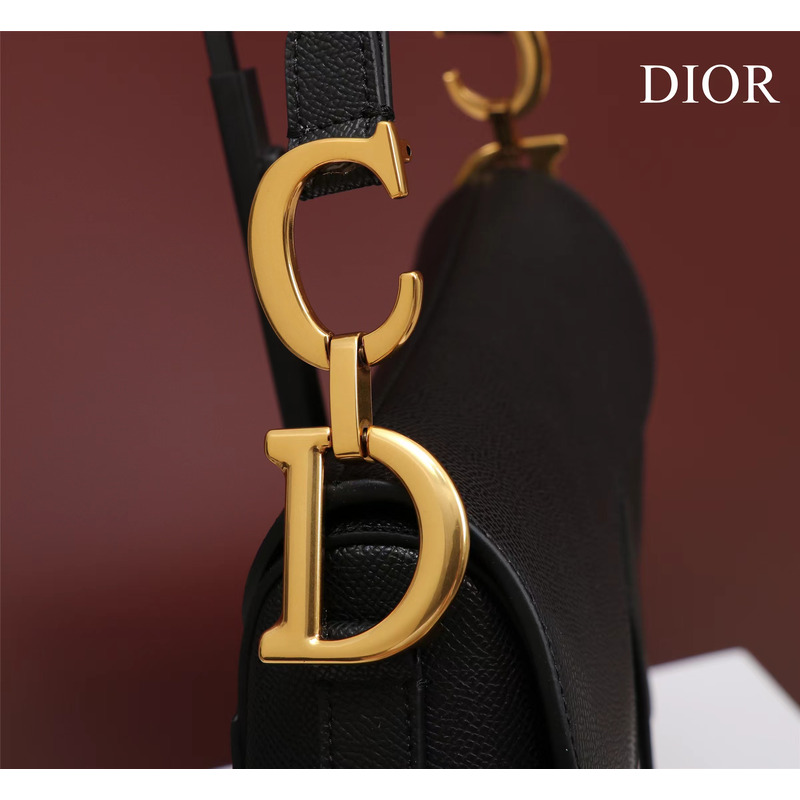 D*or saddle bag with shoulder strap  black grained calfskin
