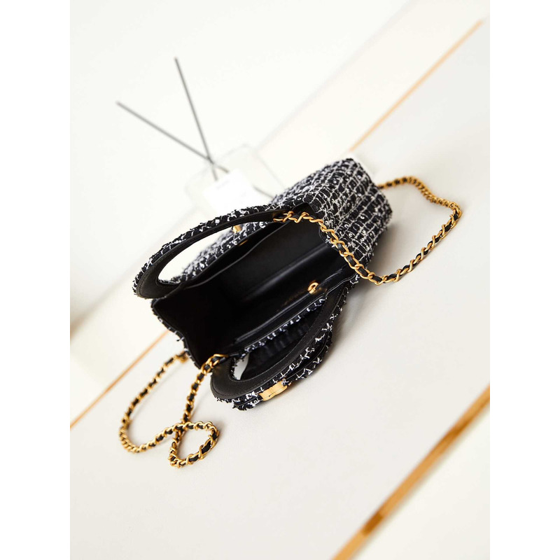 Ch*el mini kelly shopping bag cotton tweed black