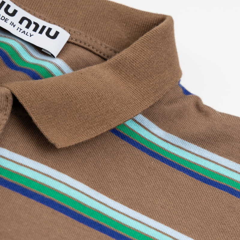 Miu Miu Jersey Polo Shirt Stripes Long-sleeved Cotton Brown