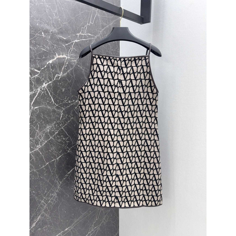 Valentino Leather-Trimmed Canvas-Jacquard Mini Dress Brown