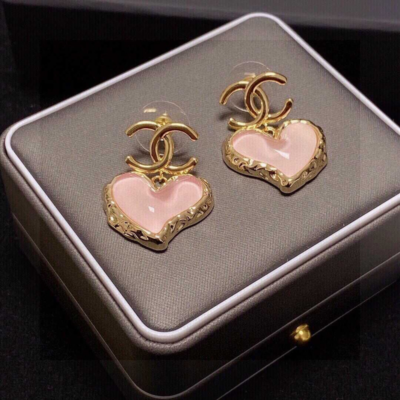 Ch*el love rhinestone earrings gold logo pink