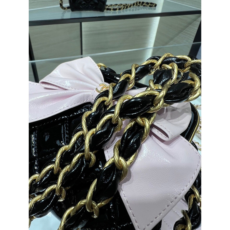 Ch*el clutch with chain gold-tone metal black & pink