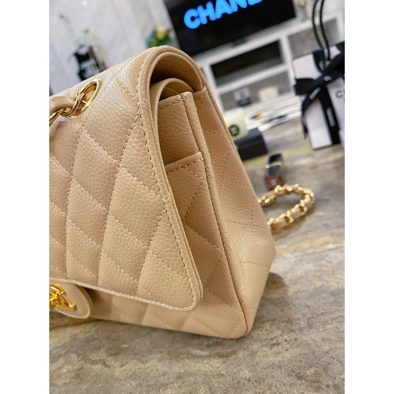 Ch*el large classic caviar handbag beige