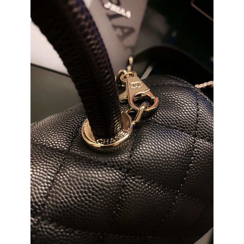 Ch*el flap bag with handle grained calfskin & gold-tone metal black