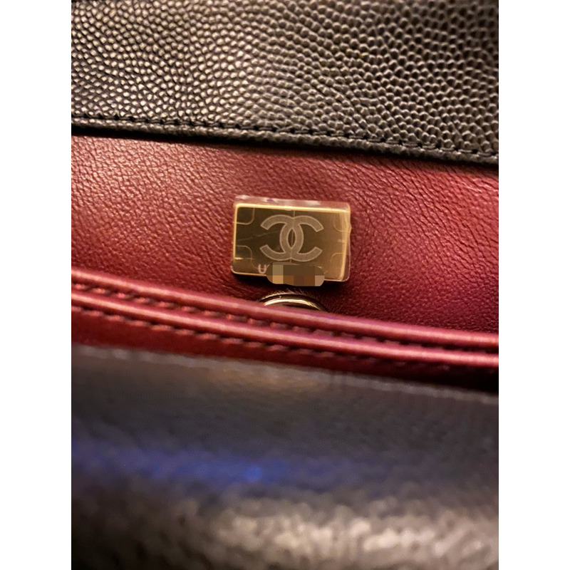 Ch*el flap bag with handle grained calfskin & gold-tone metal black