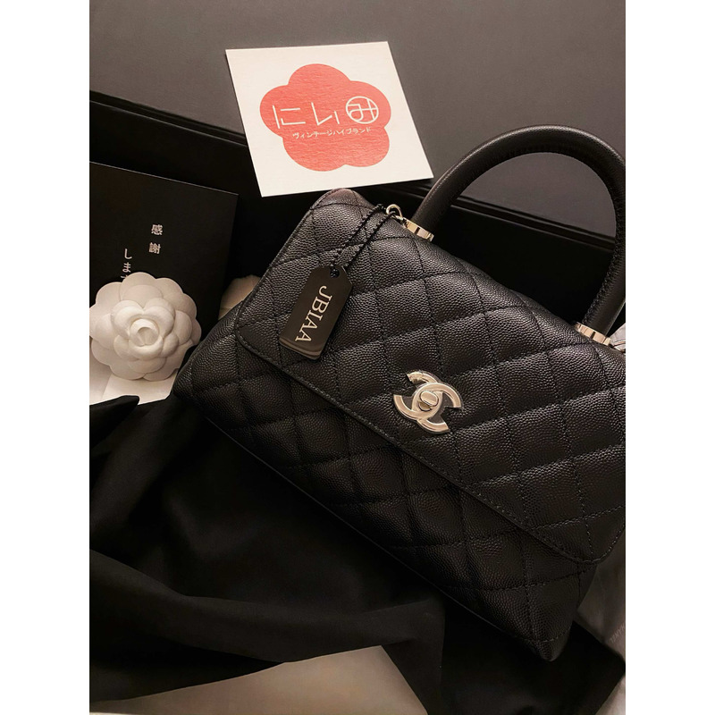 Ch*el  flap bag with handle grained calfskin & gold-tone metal black